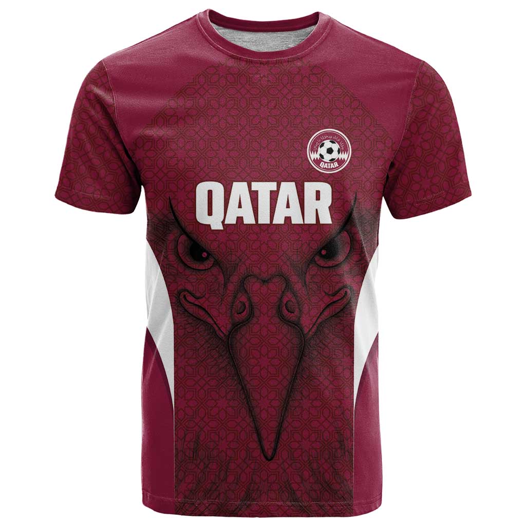 Custom Qatar Football T-Shirt Maroon Falcon Spirit Red Version Graphic Tee