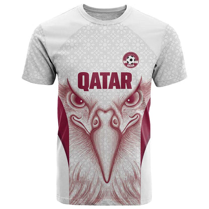 Custom Qatar Football T-Shirt Maroon Falcon Spirit White Version Graphic Tee