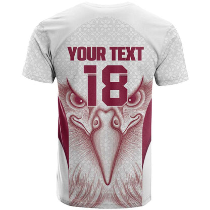 Custom Qatar Football T-Shirt Maroon Falcon Spirit White Version Graphic Tee