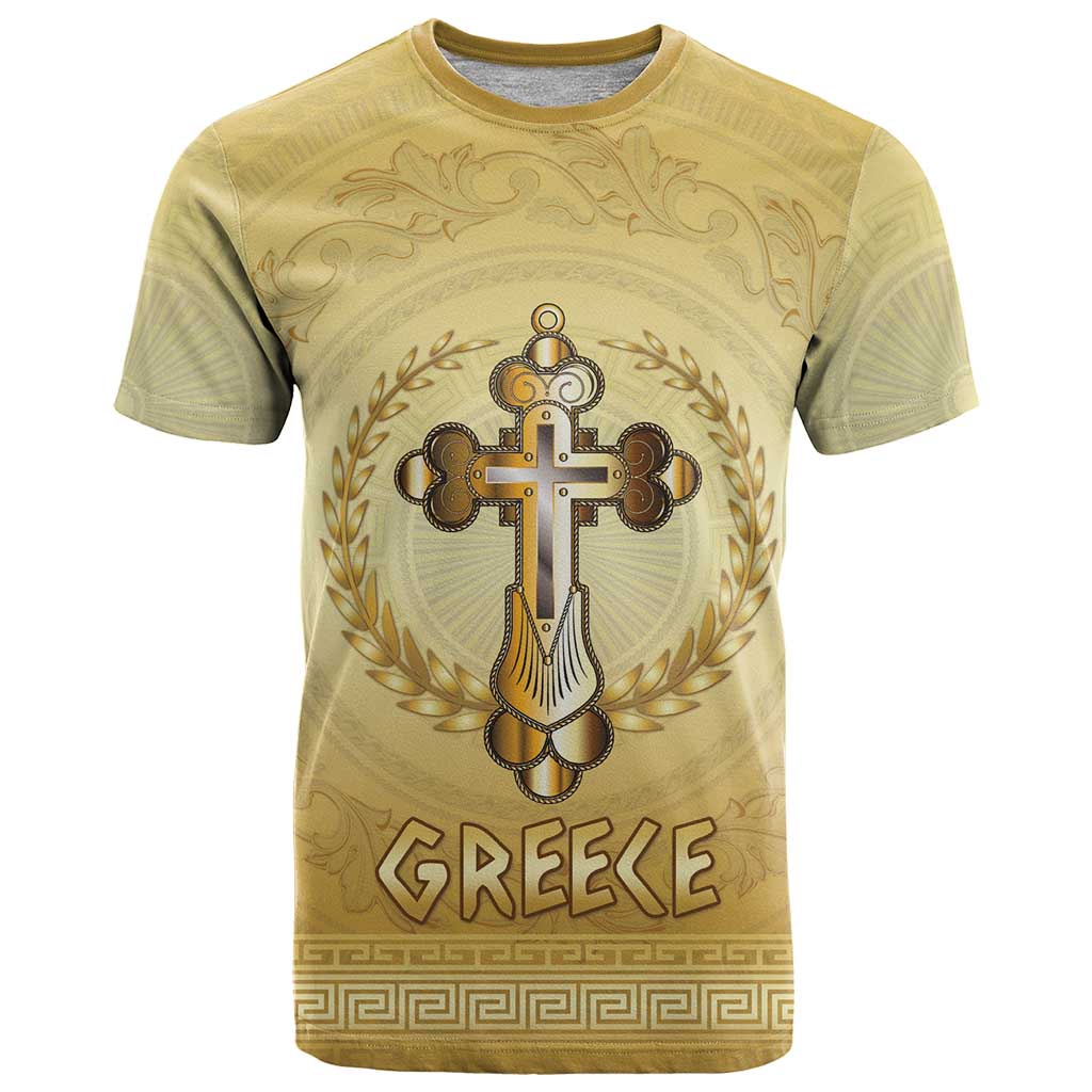 Greece Orthodox Cross T-Shirt Ancient Greek Key Gold Heritage Graphic Tee