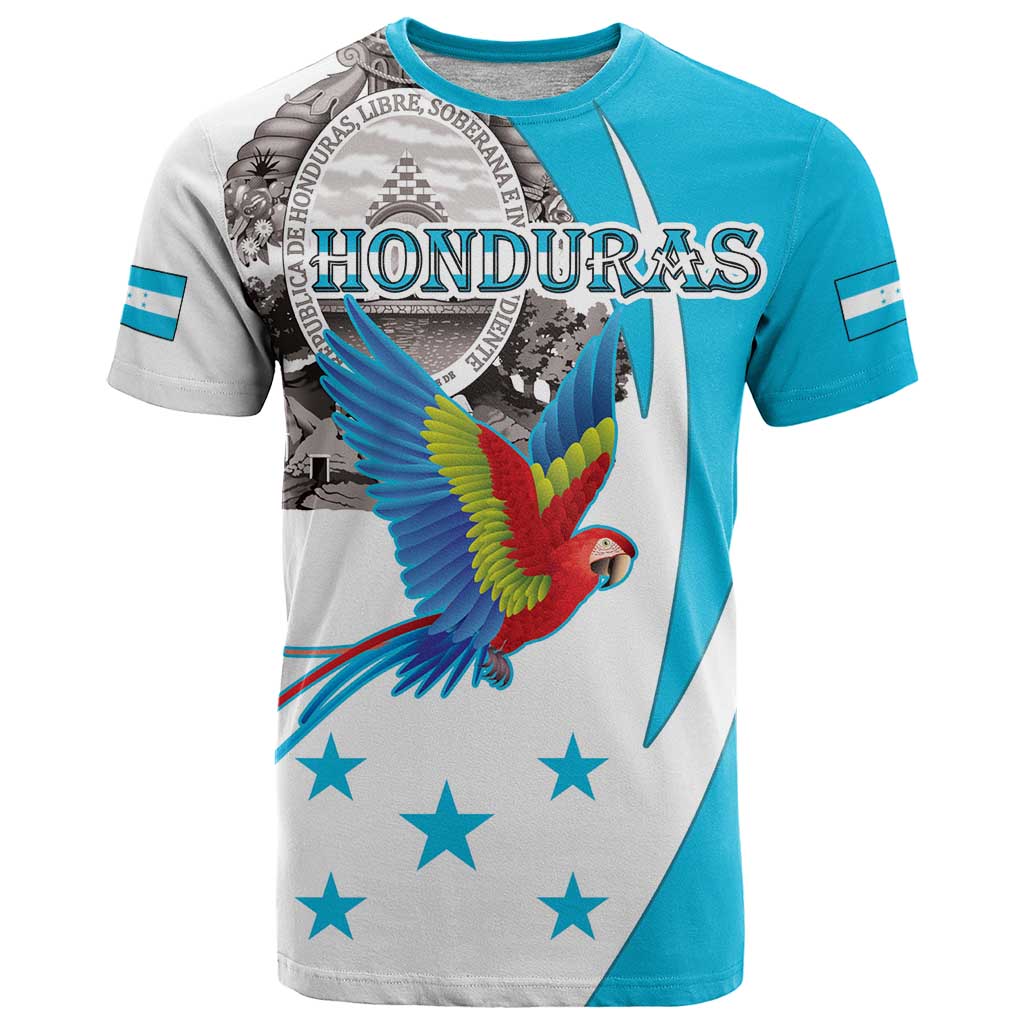 Personalized Honduras Independence Day T-Shirt Scarlet Macaw With Coat Of Arms Graphic Tee