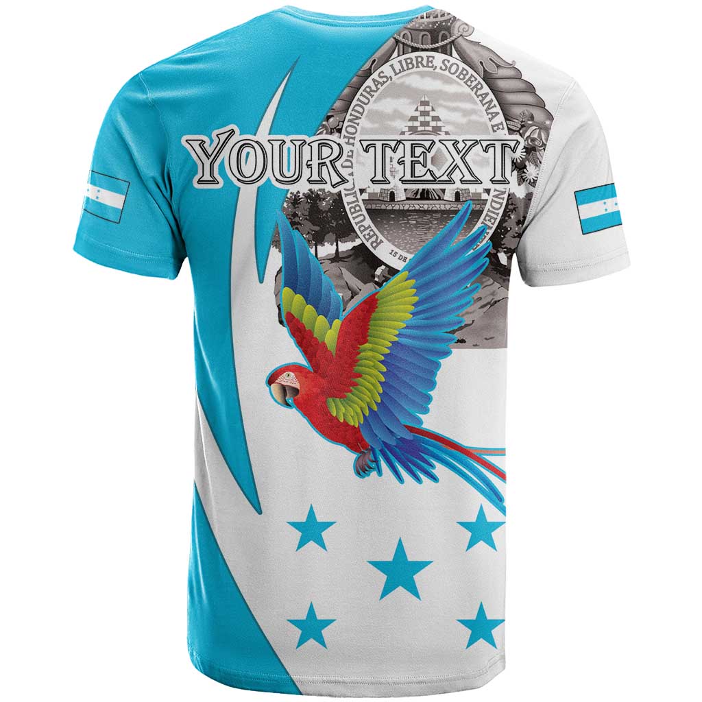 Personalized Honduras Independence Day T-Shirt Scarlet Macaw With Coat Of Arms Graphic Tee