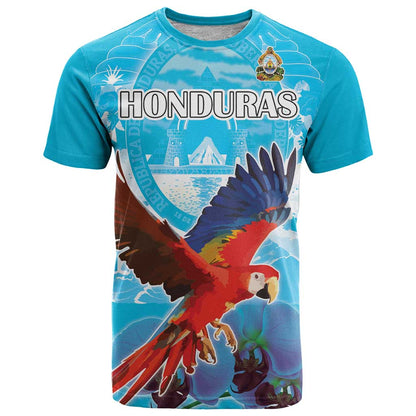 Custom Honduras Independence Day T-Shirt Scarlet Macaw With Orchid Flower Graphic Tee