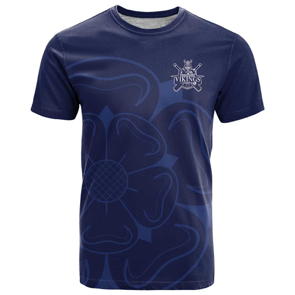 Custom Yorkshire Viking Spirit T-Shirt White Rose of York Navy Version Graphic Tee