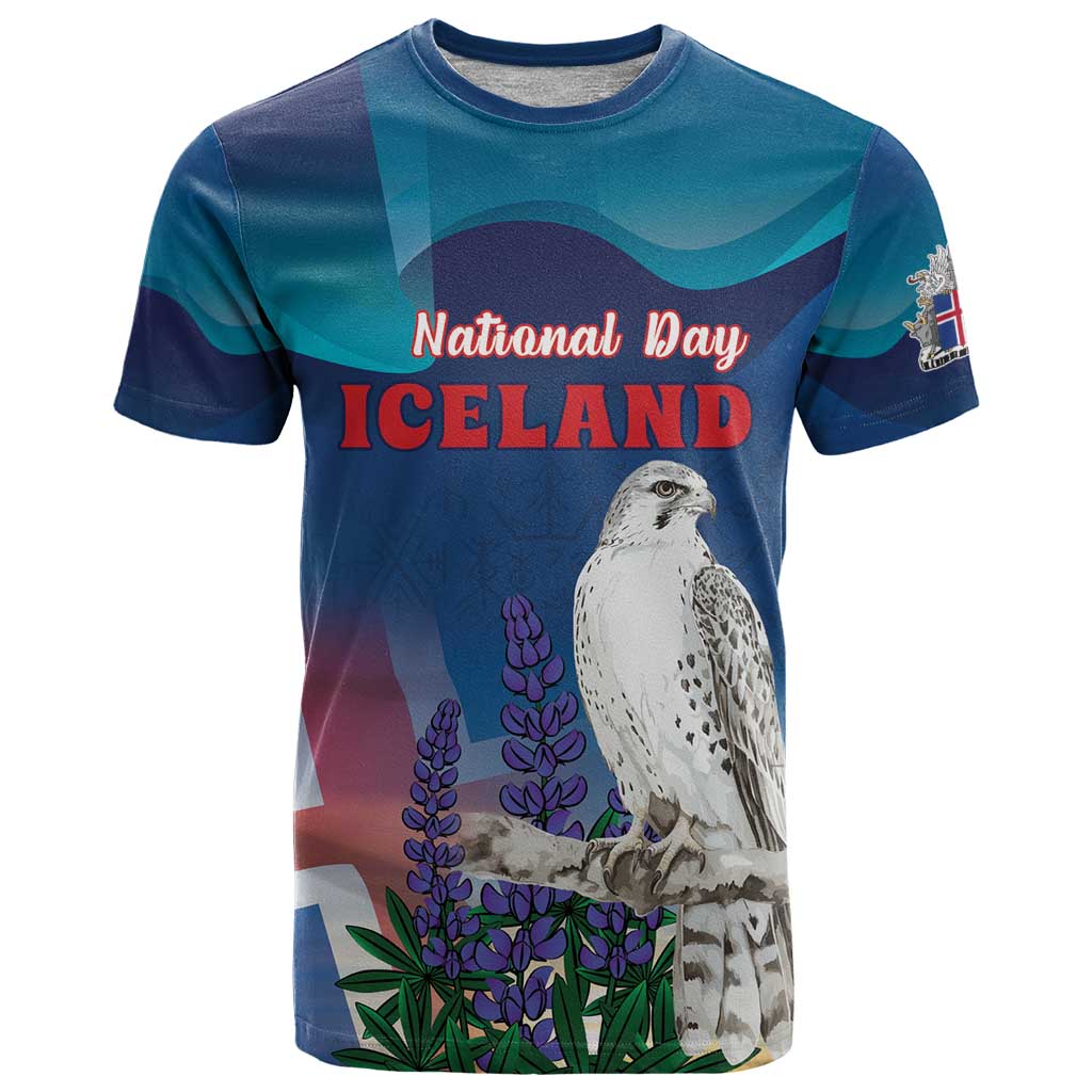 Personalized Iceland National Day T-Shirt Gyrfalcon With Lupine Flower Graphic Tee