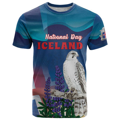 Personalized Iceland National Day T-Shirt Gyrfalcon With Lupine Flower Graphic Tee