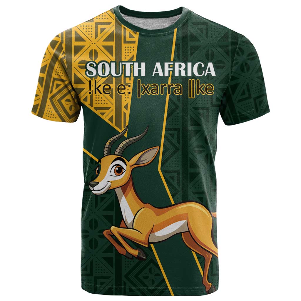 Custom South Africa Springbok Jumping T-Shirt With Kente Patterns Graphic Tee