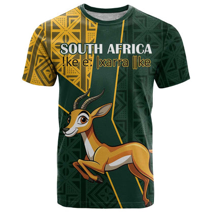 Custom South Africa Springbok Jumping T-Shirt With Kente Patterns Graphic Tee
