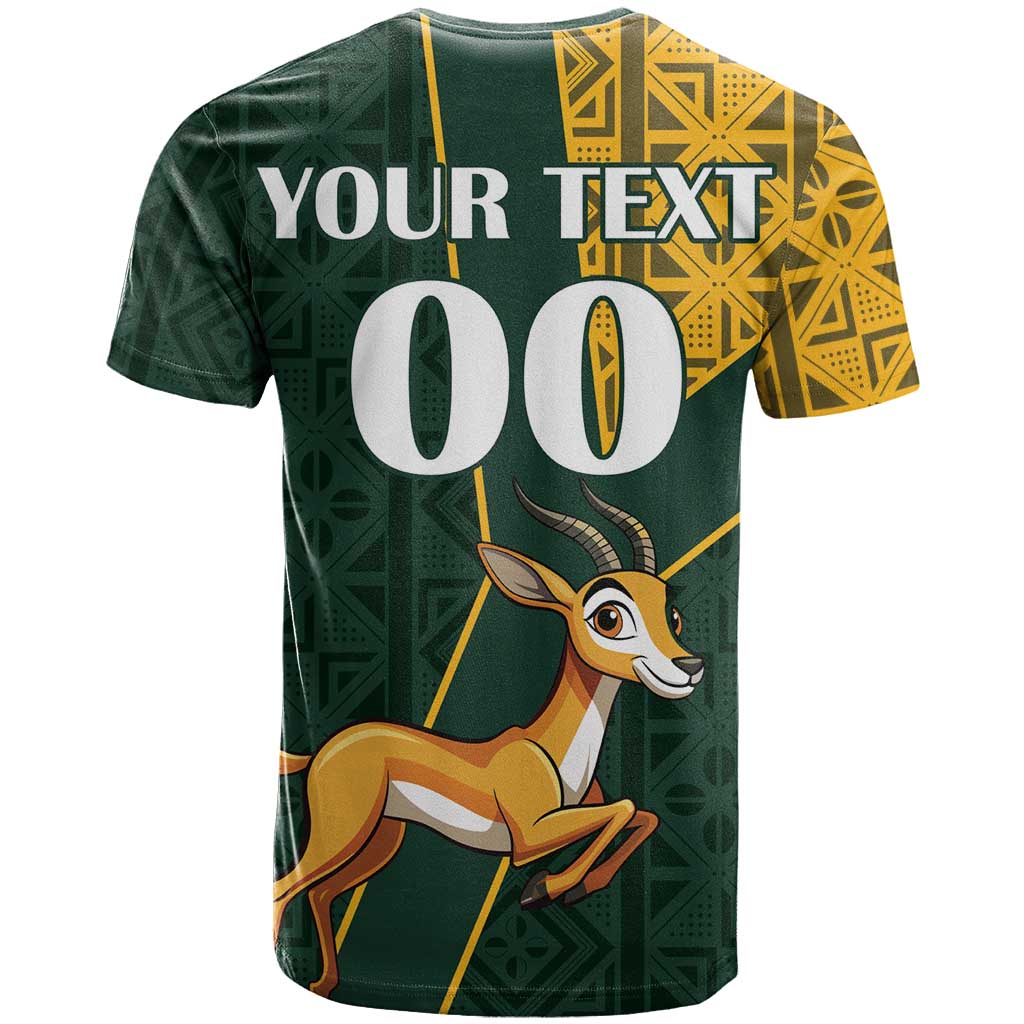 Custom South Africa Springbok Jumping T-Shirt With Kente Patterns Graphic Tee