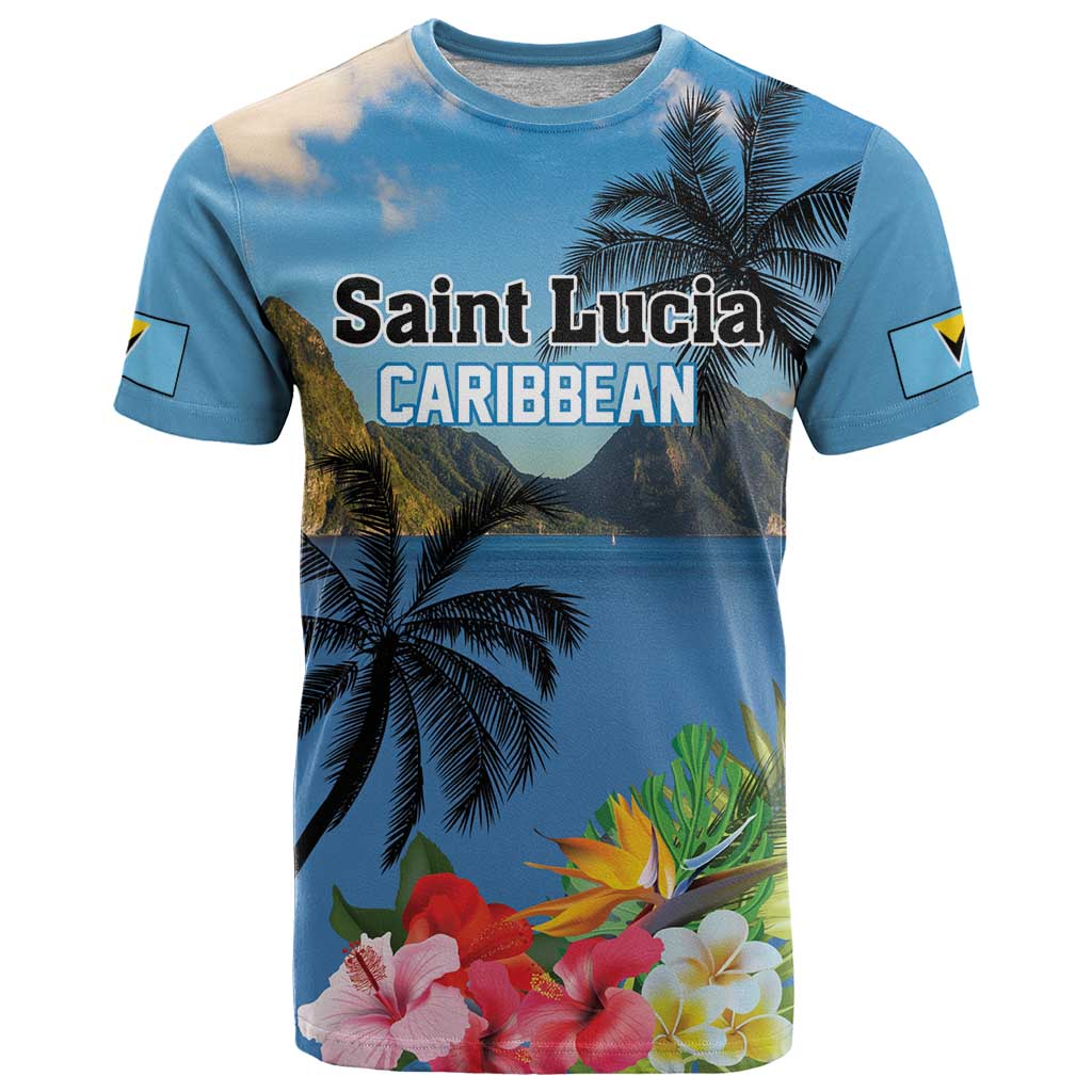 Saint Lucia Pitons T-Shirt With Hibiscus Flowers Graphic Tee