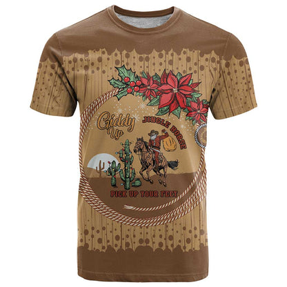 Cowboy Christmas T-Shirt Giddy Up Jingle Horse Brown Version Graphic Tee