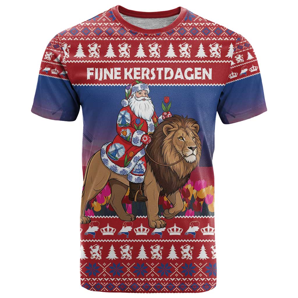 Netherlands Christmas Personalized T-Shirt Santa Riding Lion Fijne Kerstdagen Graphic Tee