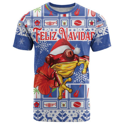 Personalized Puerto Rico Christmas T-Shirt Coqui With Red Maga Flower Graphic Tee