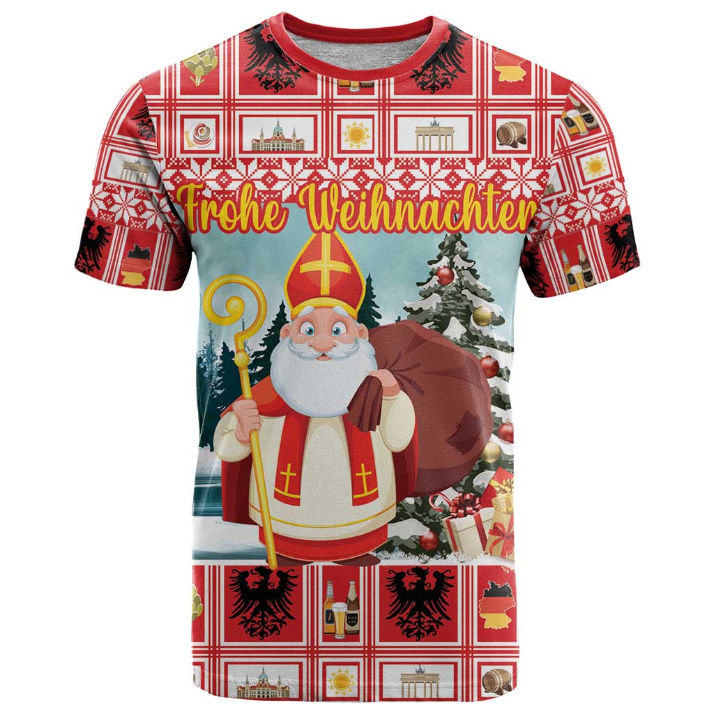 Personalized Germany Frohe Weihnachten T-Shirt Cute Saint Nicholas With Christmas Tree Graphic Tee