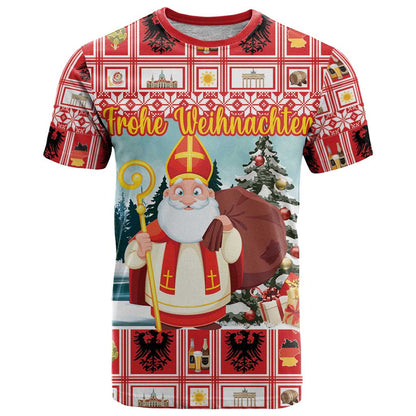 Personalized Germany Frohe Weihnachten T-Shirt Cute Saint Nicholas With Christmas Tree Graphic Tee