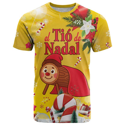 Spain Tio de Nadal Christmas T-Shirt Traditional Christmas Log Yellow Version Graphic Tee