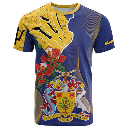 Barbados Coat Of Arms T-Shirt With Dwarf Poinciana Flowers Graphic Tee