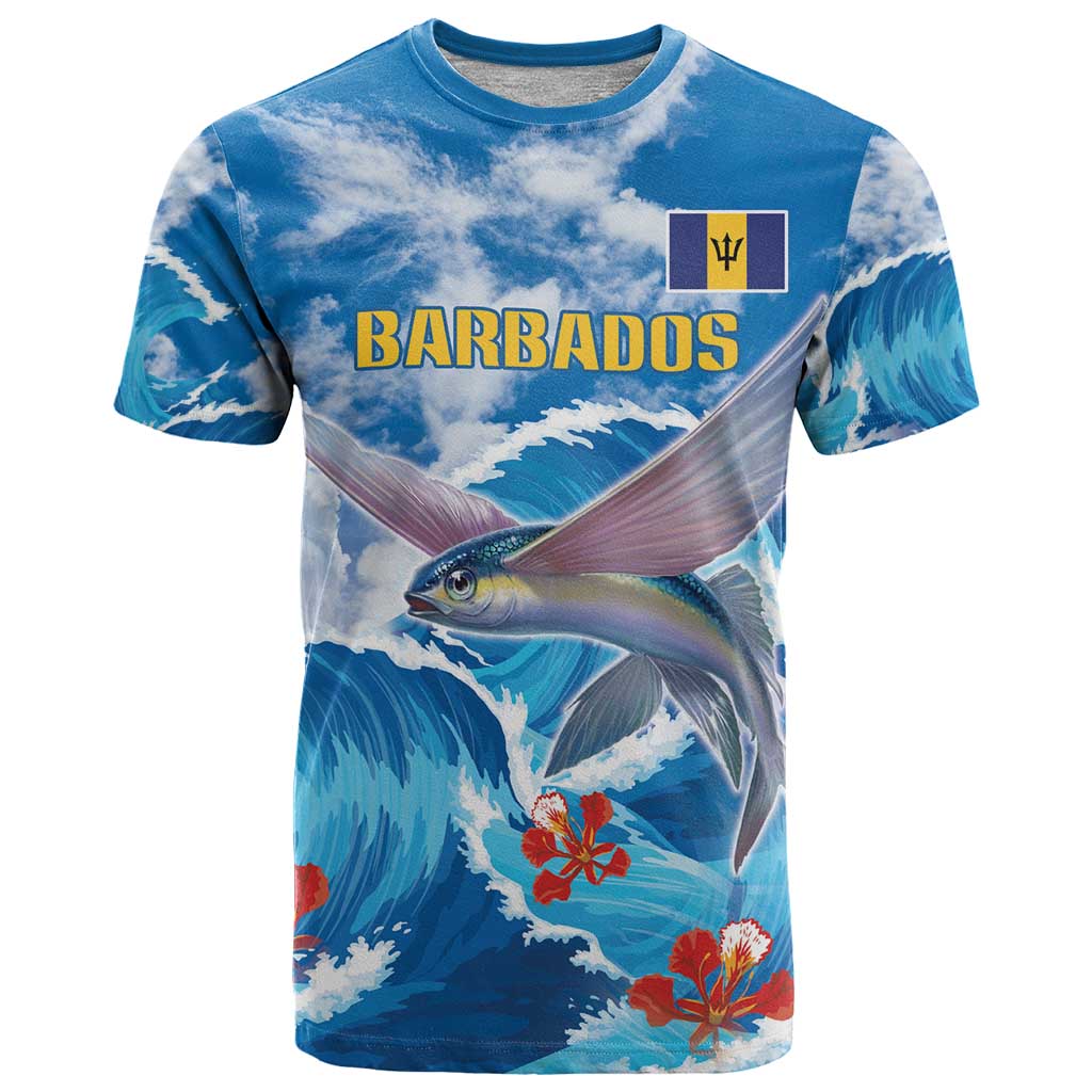 Personalized Barbados Fish Flying T-Shirt With Stormy Sea Wave Graphic Tee
