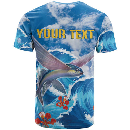 Personalized Barbados Fish Flying T-Shirt With Stormy Sea Wave Graphic Tee