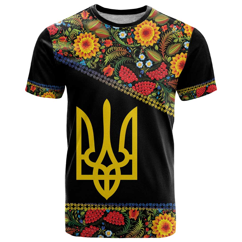Petrykivka Ukrainian Folk Pattern T-Shirt Golden Trident With Map Graphic Tee