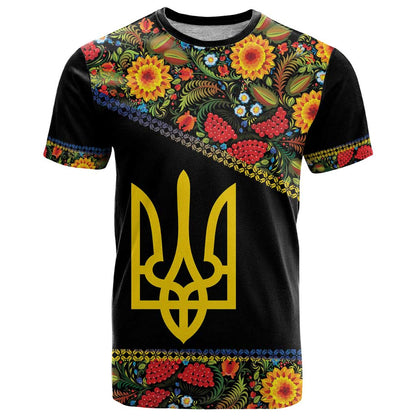Petrykivka Ukrainian Folk Pattern T-Shirt Golden Trident With Map Graphic Tee