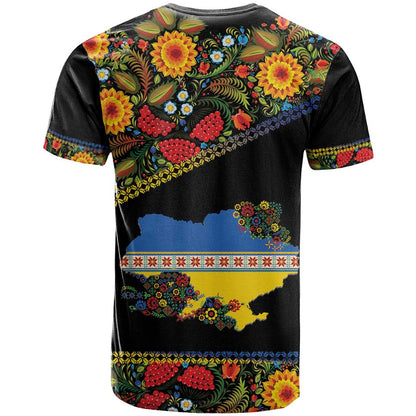 Petrykivka Ukrainian Folk Pattern T-Shirt Golden Trident With Map Graphic Tee