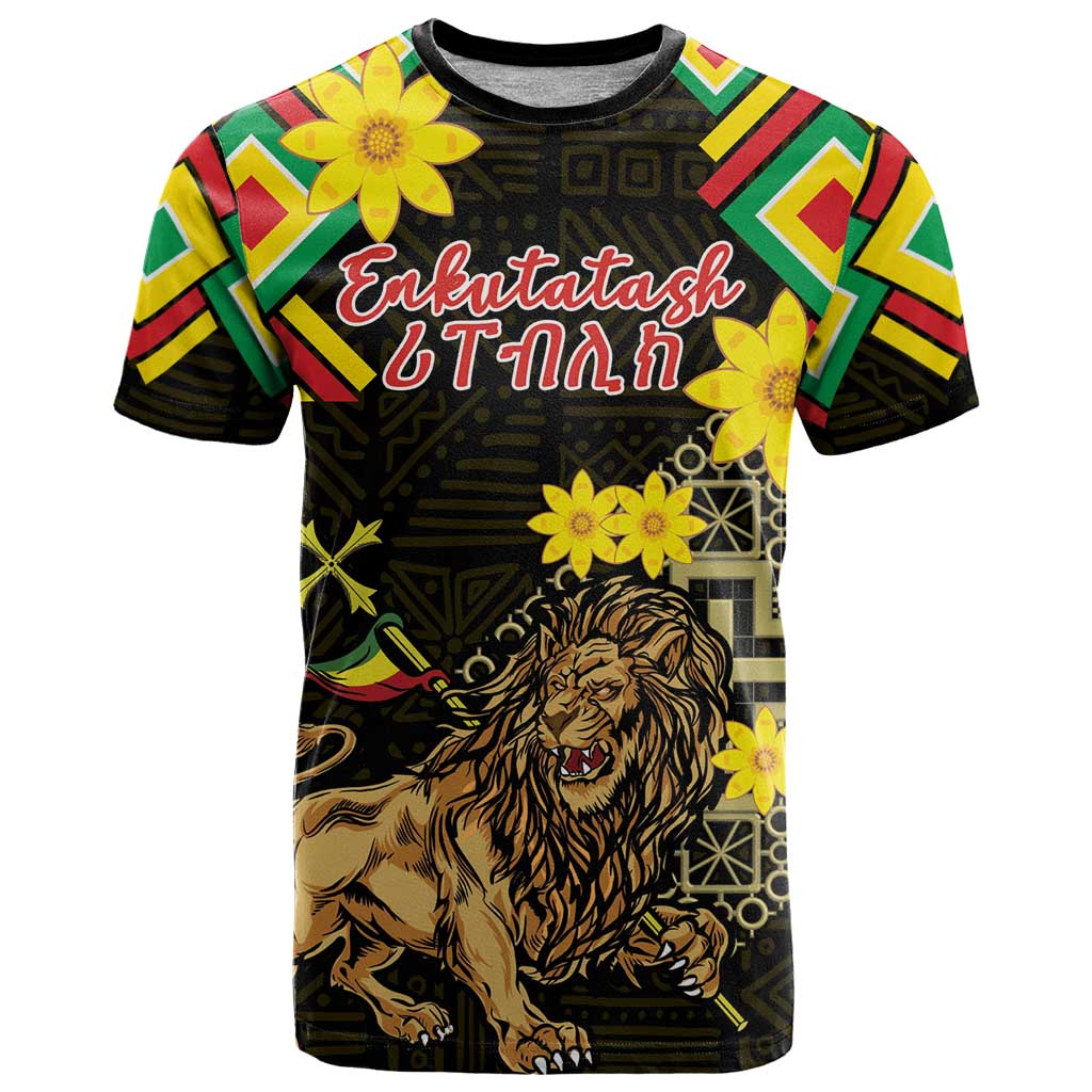 Ethiopia Enkutatash Lion of Judah T-Shirt With Folk Pattern Graphic Tee