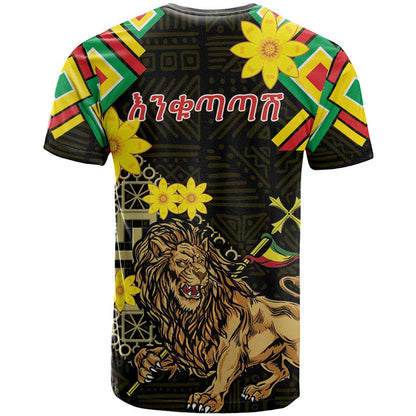 Ethiopia Enkutatash Lion of Judah T-Shirt With Folk Pattern Graphic Tee