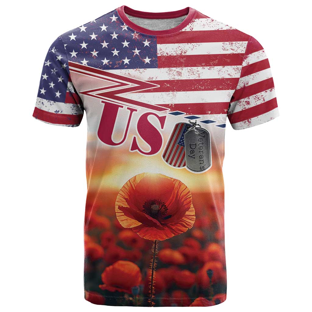 USA Veterans Day T-Shirt Poppy Flowers With Flag Grunge Graphic Tee