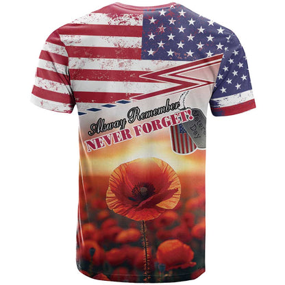USA Veterans Day T-Shirt Poppy Flowers With Flag Grunge Graphic Tee