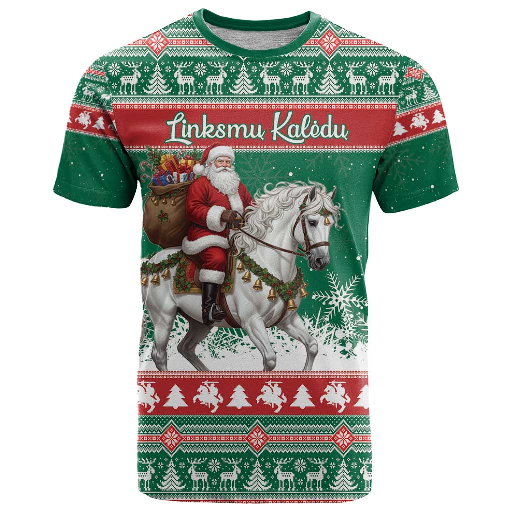 Lithuania Christmas T-Shirt Santa Riding White Horse Linksmu Kaledu Graphic Tee