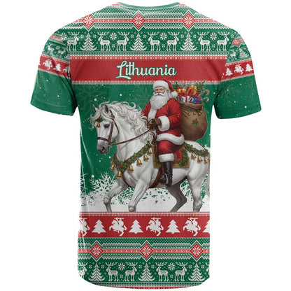 Lithuania Christmas T-Shirt Santa Riding White Horse Linksmu Kaledu Graphic Tee