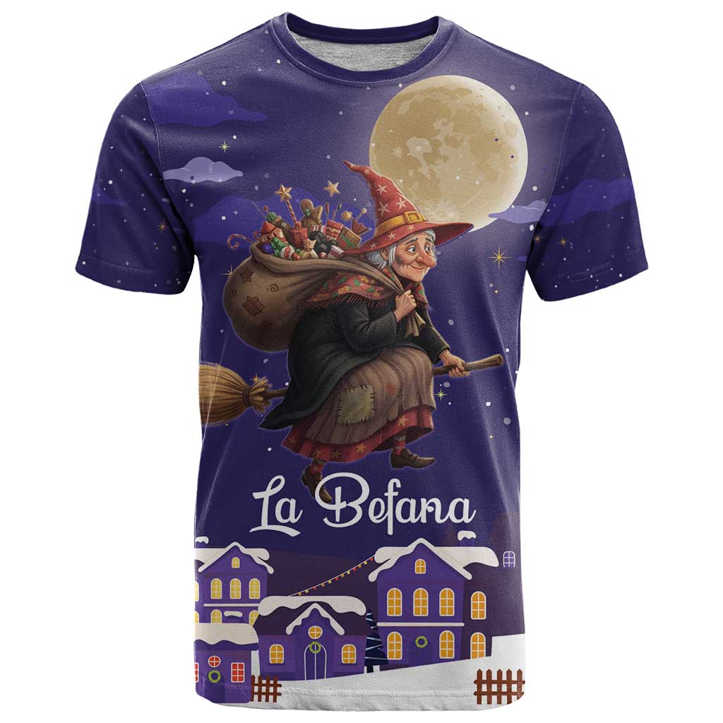 Italy Christmas T-Shirt La Befana Flying Over Winter Night Graphic Tee