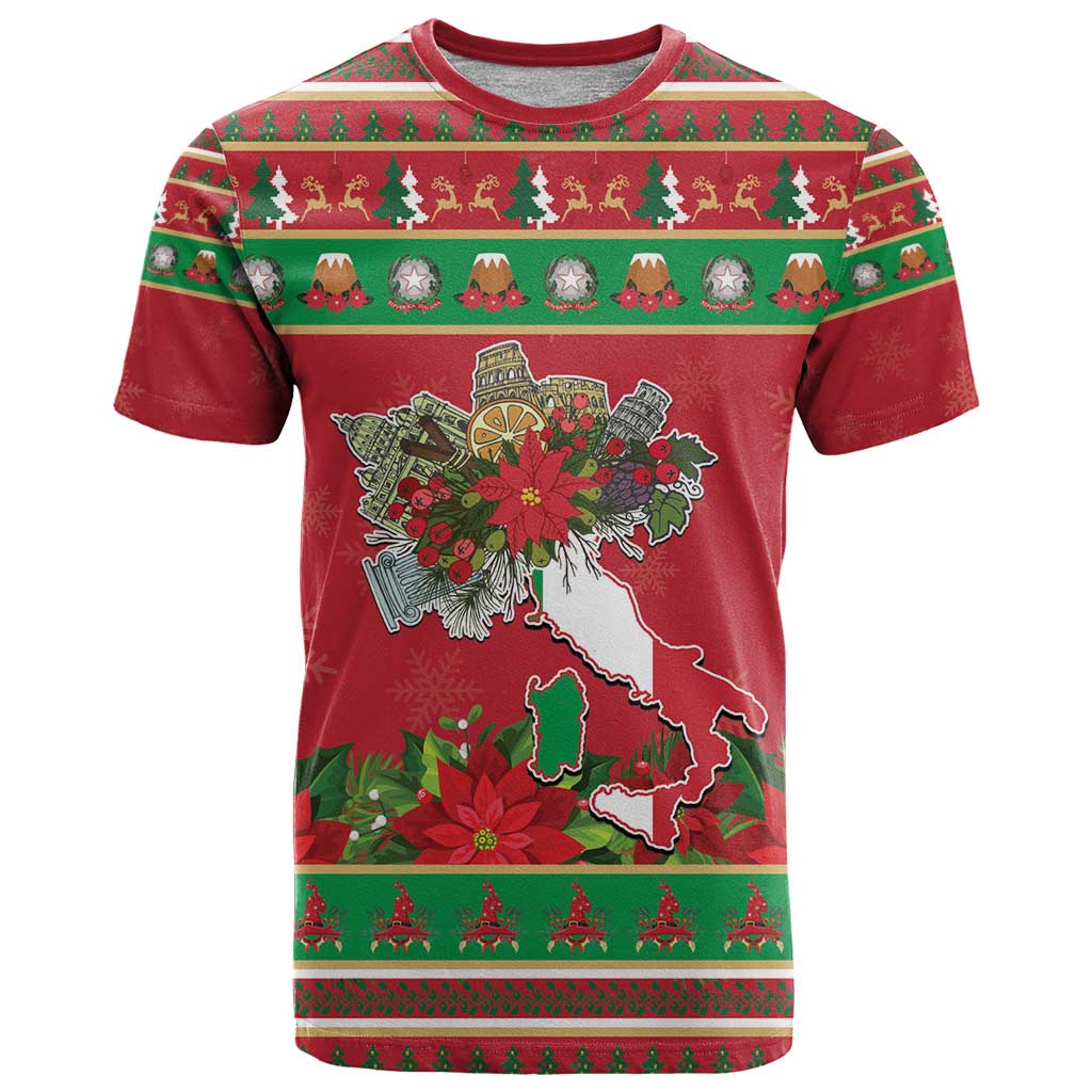 Italy Christmas T-Shirt Italian Map Poinsettia Graphic Tee