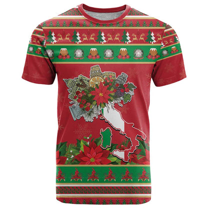 Italy Christmas T-Shirt Italian Map Poinsettia Graphic Tee