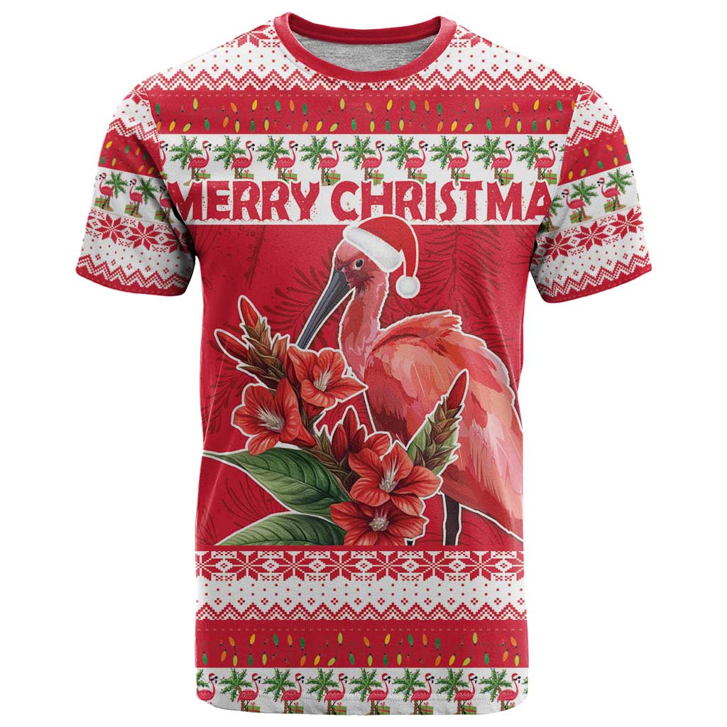 Personalized Trinidad and Tobago Christmas T-Shirt Scarlet Ibis with Chaconia Flowers Graphic Tee