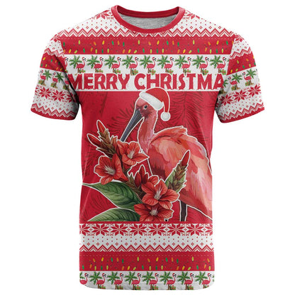 Personalized Trinidad and Tobago Christmas T-Shirt Scarlet Ibis with Chaconia Flowers Graphic Tee