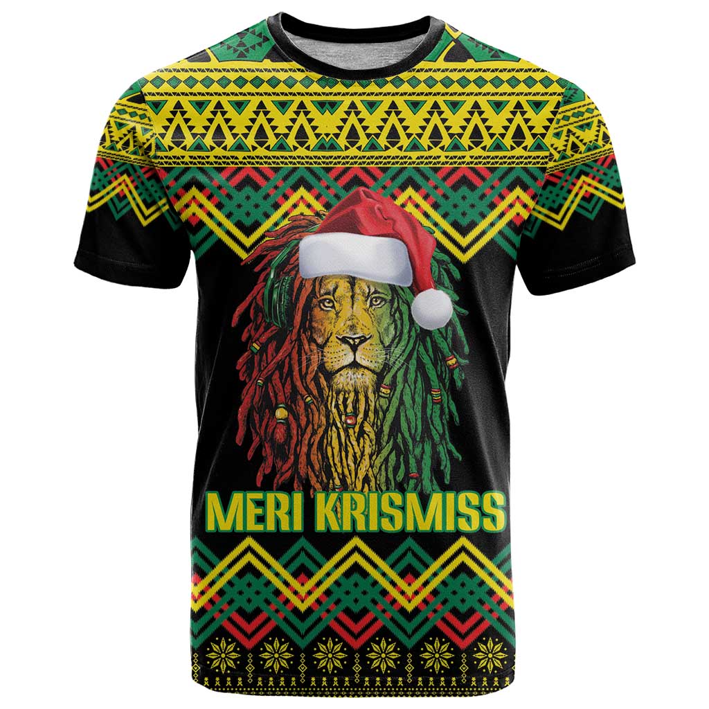Jamaica Reggae Lion Christmas T-Shirt Kente Pattern Meri Krismiss Graphic Tee