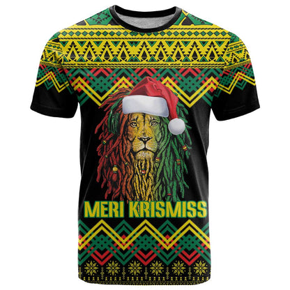 Jamaica Reggae Lion Christmas T-Shirt Kente Pattern Meri Krismiss Graphic Tee