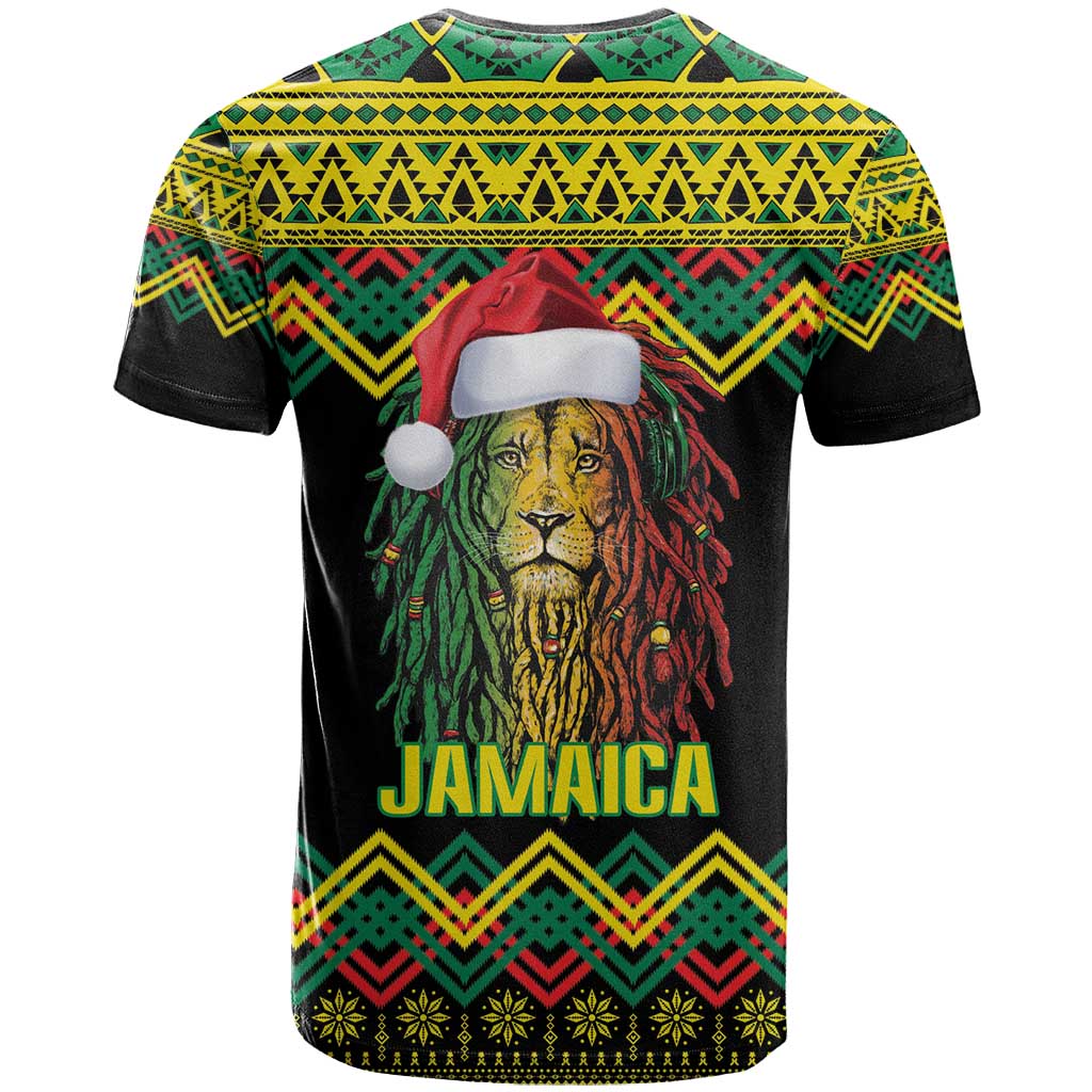Jamaica Reggae Lion Christmas T-Shirt Kente Pattern Meri Krismiss Graphic Tee
