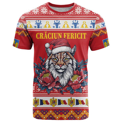 Personalized Romania Christmas T-Shirt Eurasian Lynx With Peony Flowers Graphic Tee