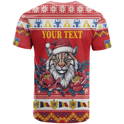 Personalized Romania Christmas T-Shirt Eurasian Lynx With Peony Flowers Graphic Tee