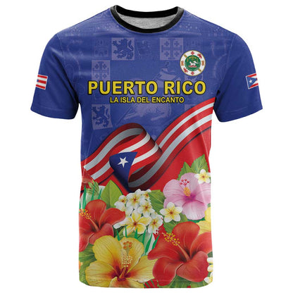 Puerto Rico Coat Of Arm T-Shirt With Thespesia Grandiflora Flowers Graphic Tee