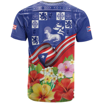 Puerto Rico Coat Of Arm T-Shirt With Thespesia Grandiflora Flowers Graphic Tee