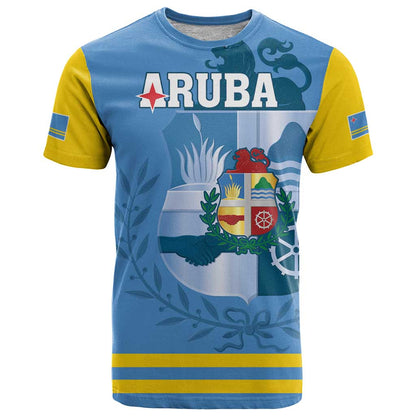 Custom Aruba Coat Of Arms T-Shirt With Flag Style Graphic Tee