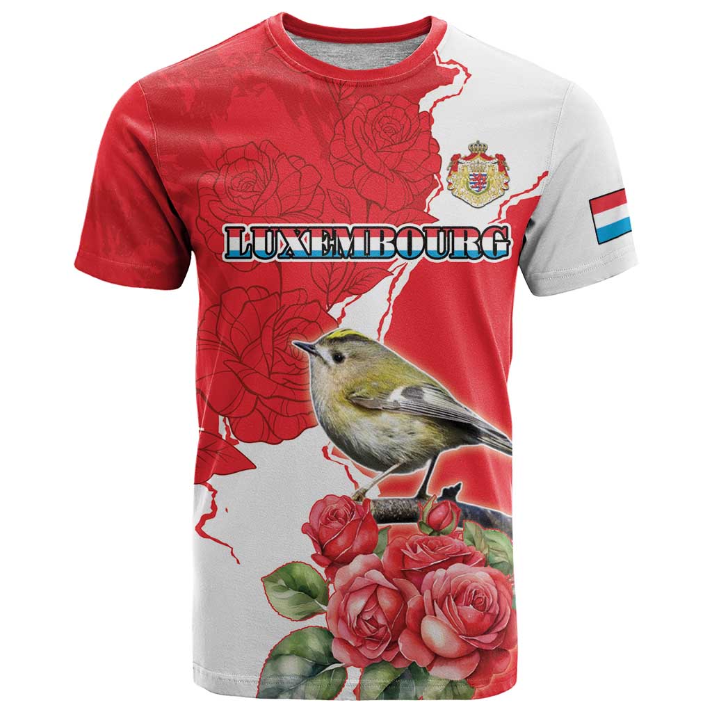 Personalized Luxembourg Goldcrest Regulus T-Shirt Red Roses Graphic Tee