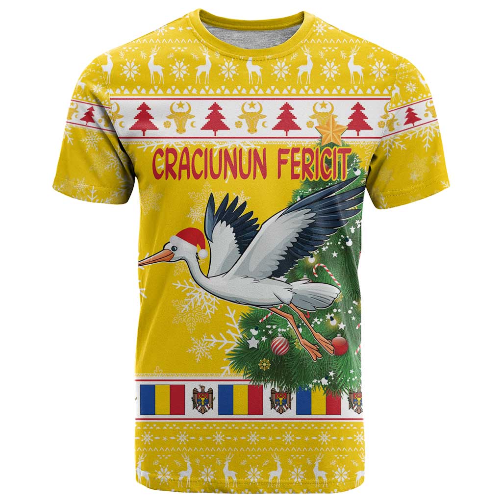 Moldova Christmas T-Shirt White Stork Santa With Christmas Tree Graphic Tee