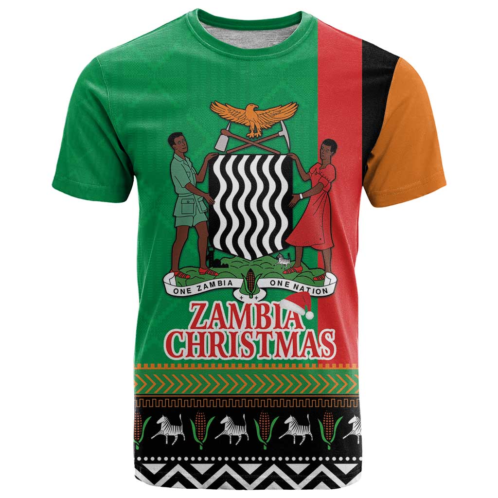 Zambia Christmas T-Shirt One Zambia One Nation With Kente Pattern Graphic Tee