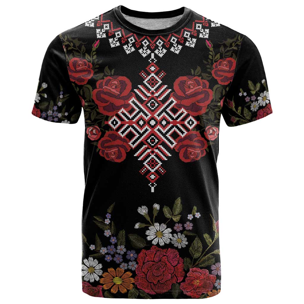 Czech Republic Traditional Costume T-Shirt Embroidery Floral Pattern With Red Rose Graphic Tee