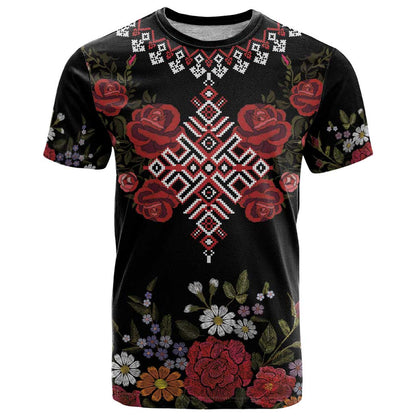 Czech Republic Traditional Costume T-Shirt Embroidery Floral Pattern With Red Rose Graphic Tee